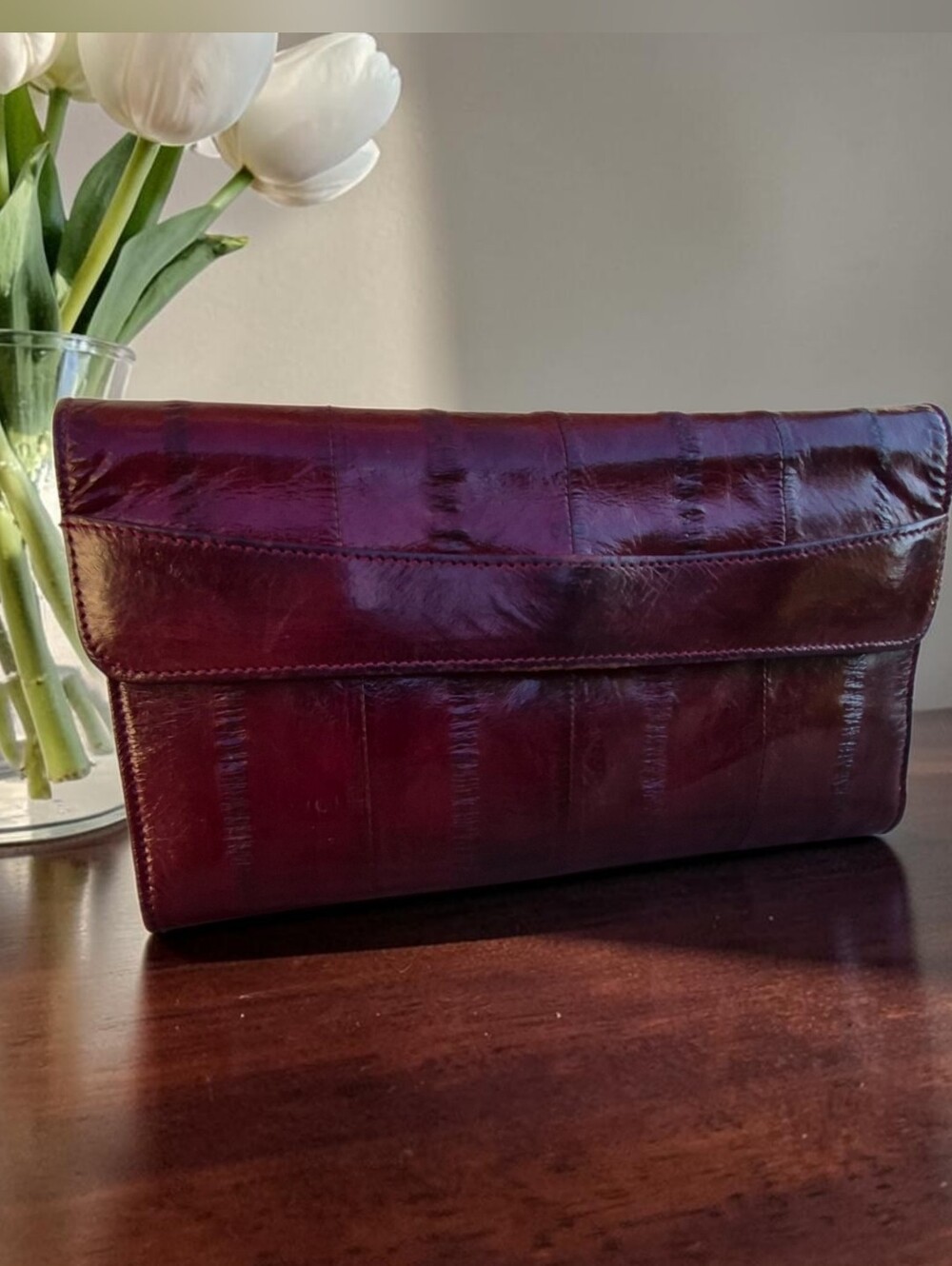 Vintage Burgundy Genuine Eel Skin Wallet & Checkbook Holder